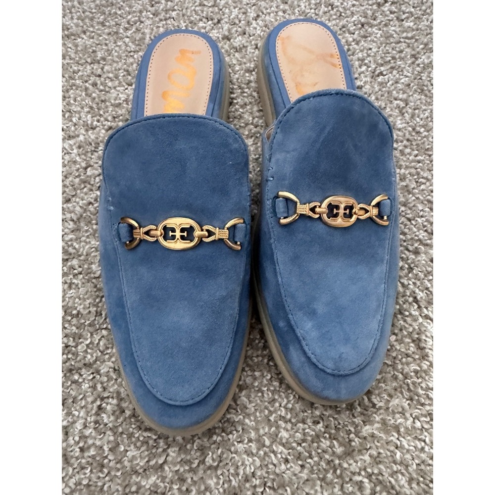 Sam Edelman Sz 8 Women Blue Suede Mules Gold Chain Slip On Loafers